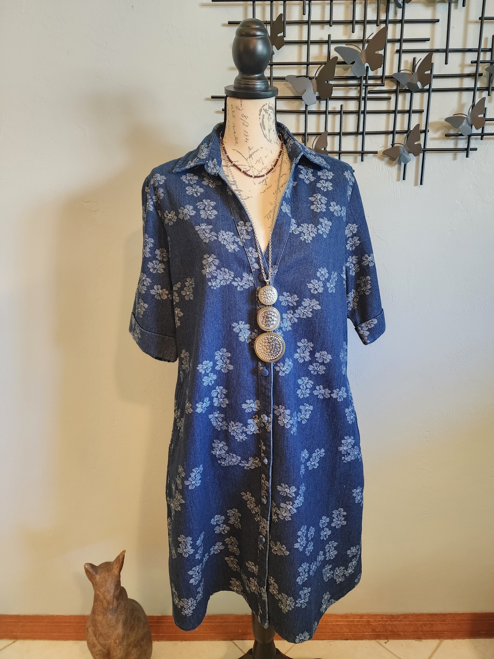 Classic Blue Floral Shirt Dress - Women